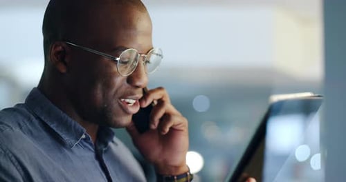 Phone call, communication and business black man talking on tablet for networking