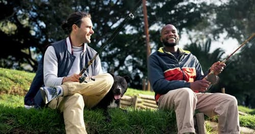 Friends, fishing and men with dog at a lake relax, bond and having fun with conversation in nature