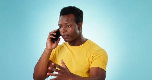 Black man, talking and angry phone call or frustrated with customer service