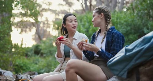 Friends, food and relax on hike outdoors, conversation and healthy meal for break on trek in woods