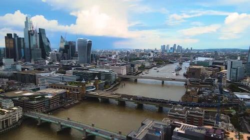 London UK. Aerial View of Cityscape Skyline, Downtown Skyscrapers and Bridges Above River Thames