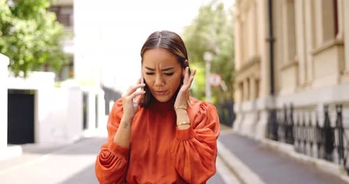 Bad, signal and phone call by asian woman walking in a city with internet, delay or glitch