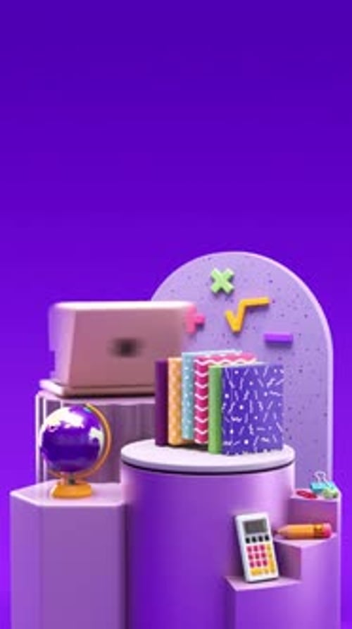 Back to School looping video for social media with some school stuff on platforms, purple background