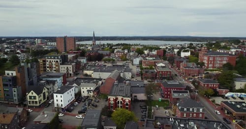 Downtown Harbor City Skyline Of Portland In Maine, Aerial Shot