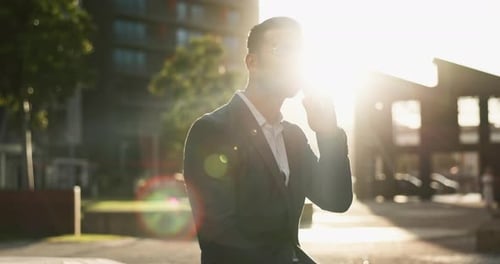 Businessman, phone call and talking outdoor in city with walking, networking and communication