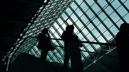 Silhouettes on escalator in modern building with people talking in the city