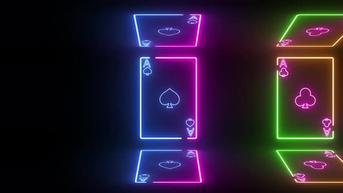 Neon Playing Card Animation On Black Background. Use For Poker Casino Gambling Background. Four Aces