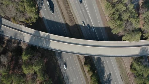 Aerial view of vehicles driving on the highway in the United States.