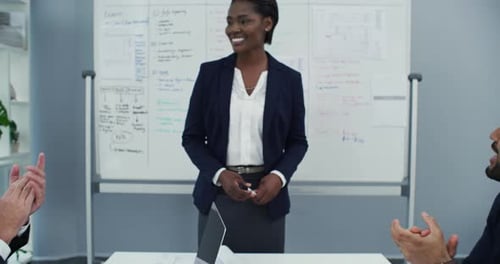 Applause, presentation or business people in meeting with a black woman for coaching