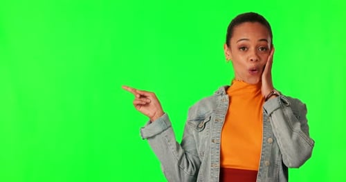 Green screen, mockup or woman surprise, pointing and looking at promo notification