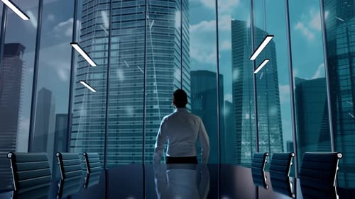 React Native Businessman Working in Office Among Skyscrapers Hologram Concept