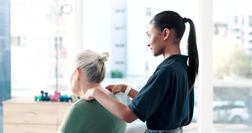 Physiotherapy, chiropractor and happy woman massage neck, client body and smile for chiropractic