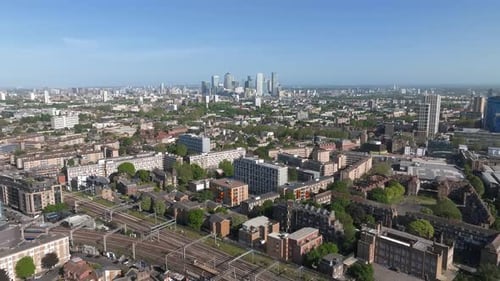 Beautiful Panoramic View of London Thames River with Canary Wharf Skyline