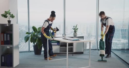 Janitor Team of Multiethnic People Cleaning Corporate Office Company Room Young Caucasian Manin