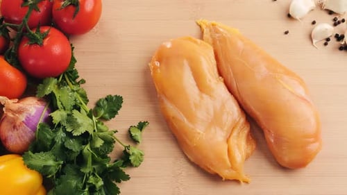 Man Slicing Raw Turkey or Chicken Meat Fillet on Oak Cutting Board Closeup Cooking with Knife on