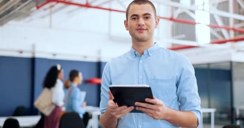 Businessman, face or digital tablet in coworking office on digital marketing schedule