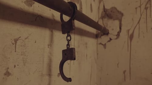 The Handcuffs Chained to a Pipe in an Old Abandoned Building or Horror House