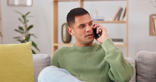 Angry, man and phone call communication in home with anger problem, stress