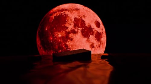 Red Moon And Container Floating On The Sea