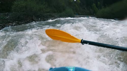 Sportsman Swims in a Kayak and Turns Over Against the Flow of Water Video From First Person