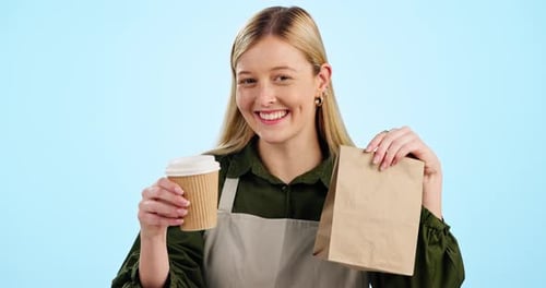 Waitress, woman and happy with coffee takeaway in bag with service, promo