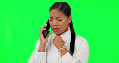 Green screen, phone call or sad woman crying with pain talking in a conversation worried by death