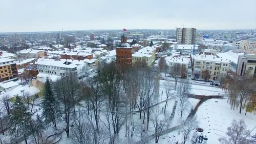Downtown of the Ukrainian city Vinnytsia with historic buildings. Flying above the old tower