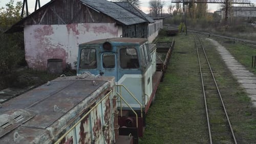 Aerial View of Old Rusty Locomotives of a Narrow Gauge Railway