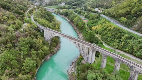 Aerial video of Solkan Bridge over the Soca River in Slovenia