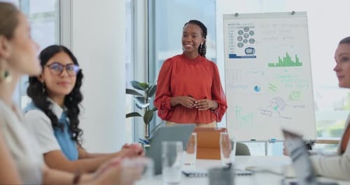 Empresária, apresentação e sala de reuniões, trabalho em equipe ou gráficos conforme o crescimento da empresa