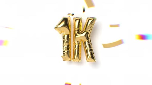 Mil seguidores mueven el texto de un globo dorado y caen confeti de enfoque suave con efecto de aberración.