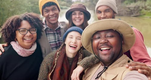 Friends, camping and selfie with group, face or happy with diversity in nature for holiday