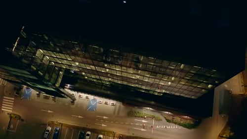 Top View of Corporate Offices in Glass Skyscrapers at Night