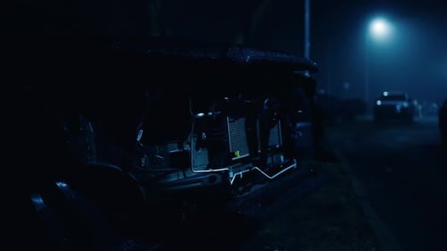 Nighttime Wreckage Witness the Aftermath of a Car Accident at Night with a Damaged Vehicle