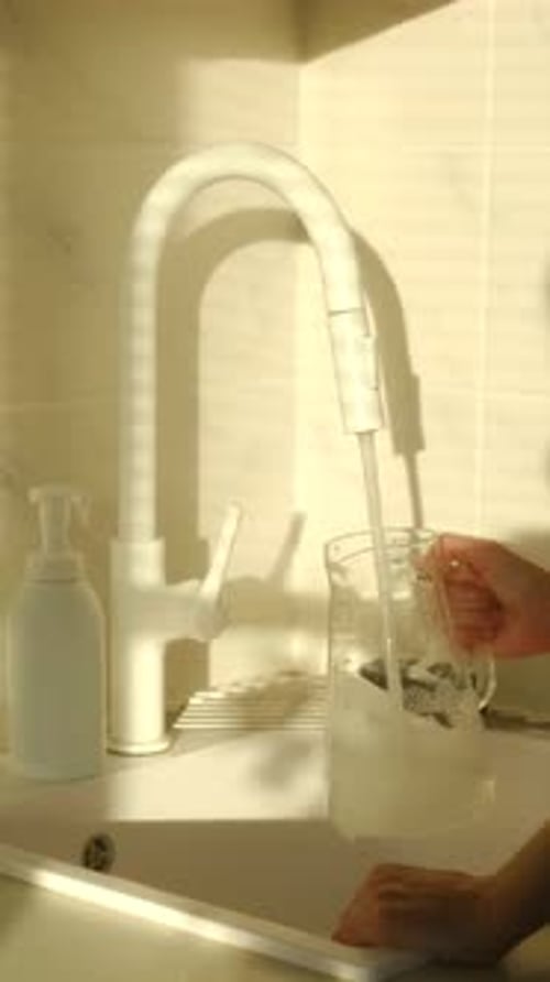 Person Washing a Glass Pitcher in the Kitchen Sink Under Sunlight