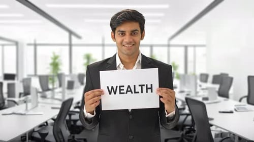 Happy Indian manager holding WEALTH banner
