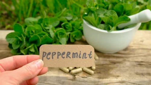 Peppermint Extract Essential Oil and Supplements Selective Focus