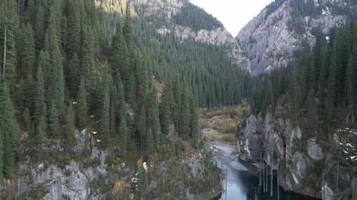Vista panorámica de un río que serpentea a través de densos bosques de hoja perenne y acantilados rocosos que muestra