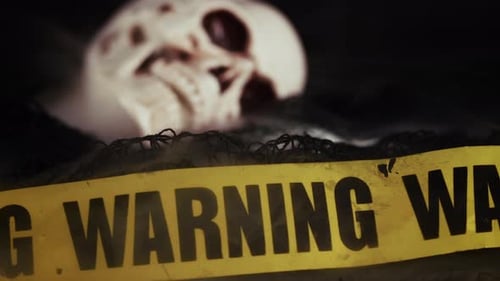 Halloween Concept Crime Scene Warning Stick Tape Sign And Head Skull