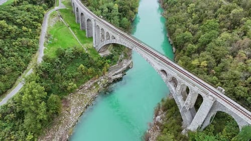 Aerial video of Solkan Bridge over the Soca River in Slovenia