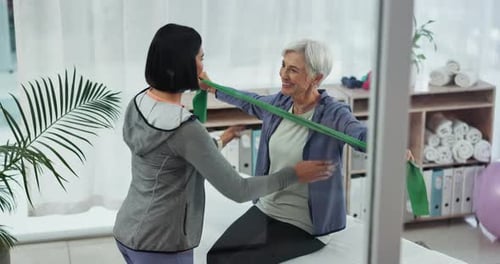 Physiotherapy, support and fitness with old woman and band for assessment