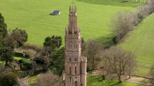 Aerial view of Hadlow Tower in Kent, England, Gothic Revival architecture, historic heritage
