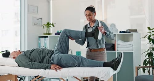 Woman, physiotherapist and stretching leg with senior for physical therapy