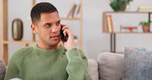 Angry, frustrated and phone call of man in home with anger problem, stress