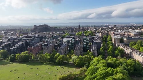Drone shot of Edinburgh skyline in Scotland, United Kingdom
