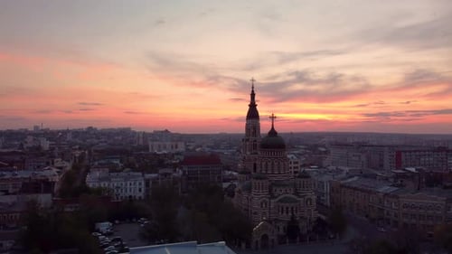 Aerial Holy Annunciation Cathedral at epic sunset