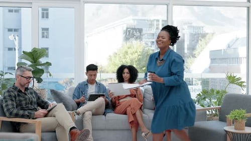 Corporate, meeting and business people on a couch for break in an agency