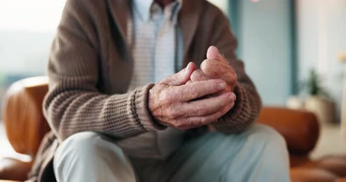 Senior man, hand pain and arthritis for joint inflammation, muscle injury and fibromyalgia