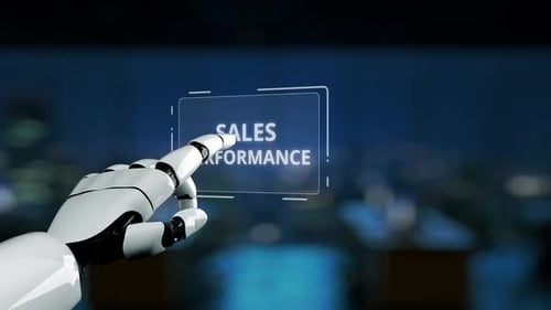 Futuristic Robot Hand Interacting with Digital Screen Displaying Sales Performance with Various Busi