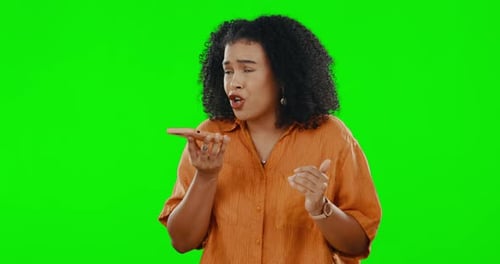 Black woman, phone call on speaker and angry on green screen, frustrated